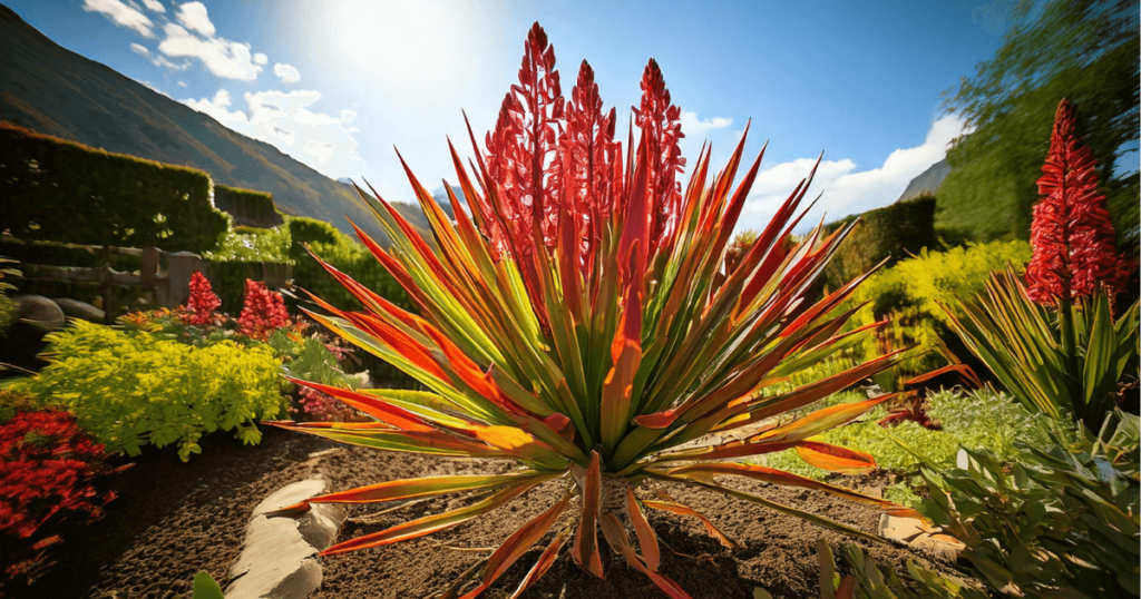 A vibrant red yucca plant in full bloom, set in a sunlit garden with lush greenery and a mountainous background.