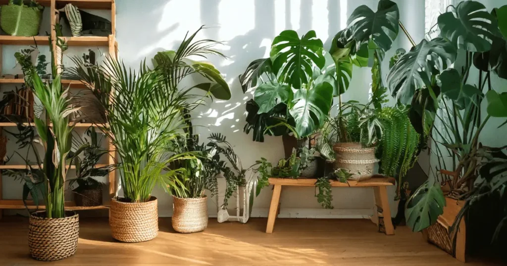 A collection of tropical house plants, including Monstera and ZZ Plant, displayed in woven and ceramic pots in a sunlit room.