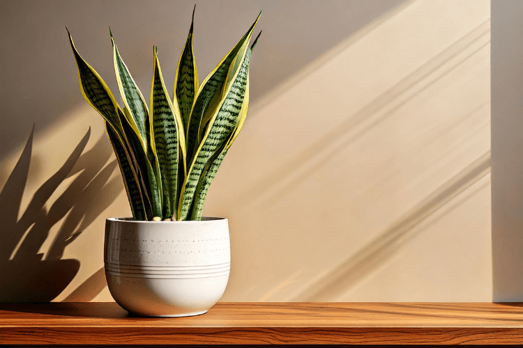 Snake Plant in a white ceramic pot on a wooden shelf in soft, warm light, showcasing its upright green leaves.