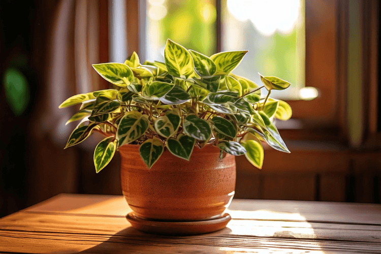 Peperomia plant in a terracotta pot on a rustic table near a window, with textured green and cream-colored leaves.