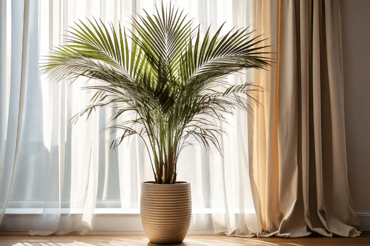 Kentia Palm in a ceramic pot next to a floor-length window with sheer curtains, softly lit by natural light.