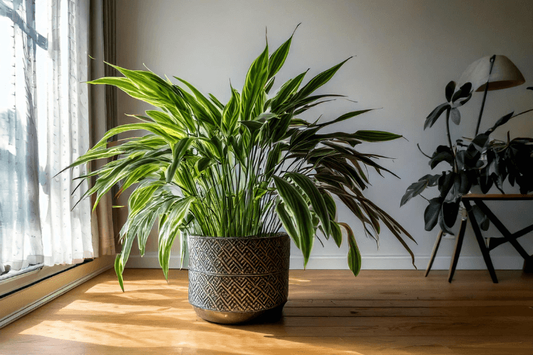 Cast Iron Plant with lush, glossy green leaves in a modern metallic pot, placed on a wooden table in a bright indoor space.