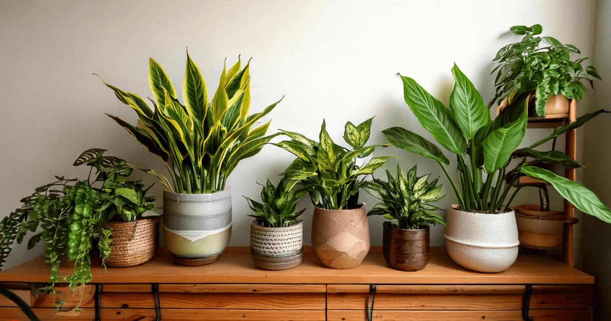 Best low light indoor plants such as Peace Lily and Snake Plant thriving in a low-light room, perfect for indoor spaces.