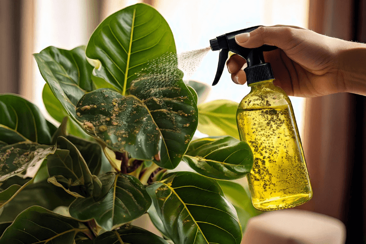 Treating fungal infection on a Fiddle Leaf Fig leaf with neem oil spray to combat brown spots effectively.
