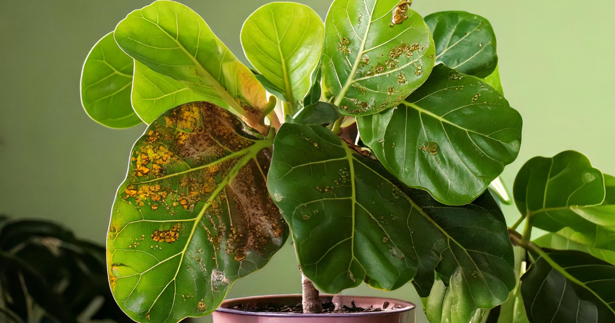 Fiddle Leaf Fig with brown spots on its leaves caused by fungal damage, set in a pink pot against a green background.