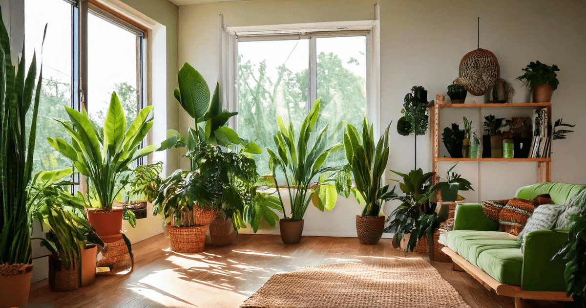 A bright living room filled with various plants for air purification, including snake plants, peace lilies, and pothos, promoting a fresh atmosphere.