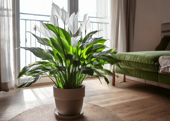 A beautiful Peace Lily (Spathiphyllum) with glossy green leaves and white flowers, placed in a stylish pot in a bright living room.