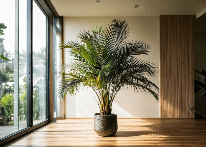 A vibrant Areca Palm (Dypsis lutescens) with lush green fronds in a sleek pot, brightening up a modern living room with natural light.