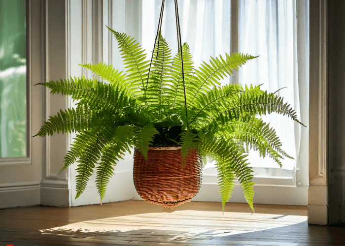 A lush Boston Fern (Nephrolepis exaltata) with vibrant green fronds, hanging in a bright living space with natural light.