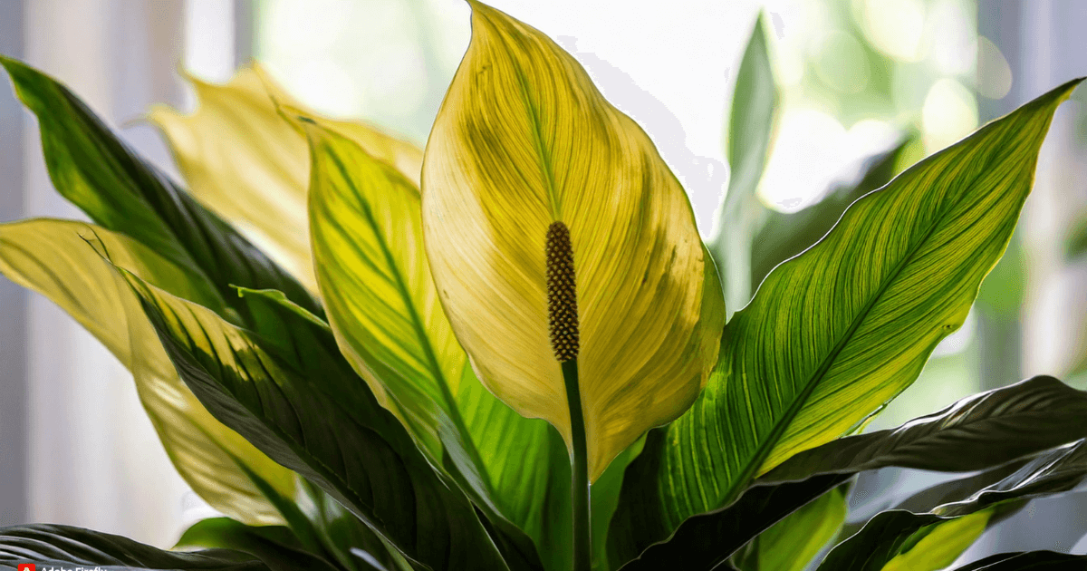 Close-up of peace lily leaves turning yellow, showcasing the green and yellow variegation and a tall spadix in a bright indoor space.