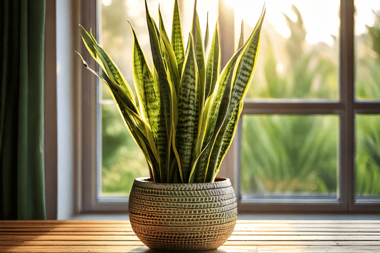 Close-up of a Snake Plant (Sansevieria) in a modern ceramic pot, with tall green and yellow leaves, placed in a minimalist indoor setting.