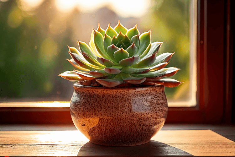 A succulent plant with thick, green rosette-shaped leaves in a terracotta pot, placed in a minimalist setting with soft natural light.