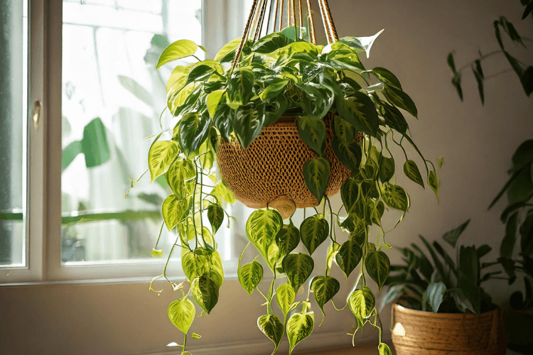 Pothos (Epipremnum aureum) in a macramé hanging planter, with vibrant green and yellow-marble leaves trailing in a modern indoor setting.