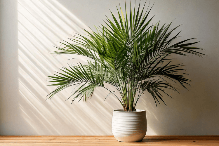 Miniature Bamboo Palm in a modern pot, with arching green fronds, placed in a minimalist indoor setting with soft lighting.
