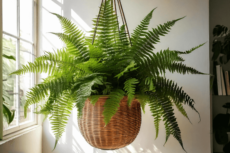 Boston Fern in a hanging basket with cascading green fronds, placed in a bright indoor space with soft natural light and minimalist decor.