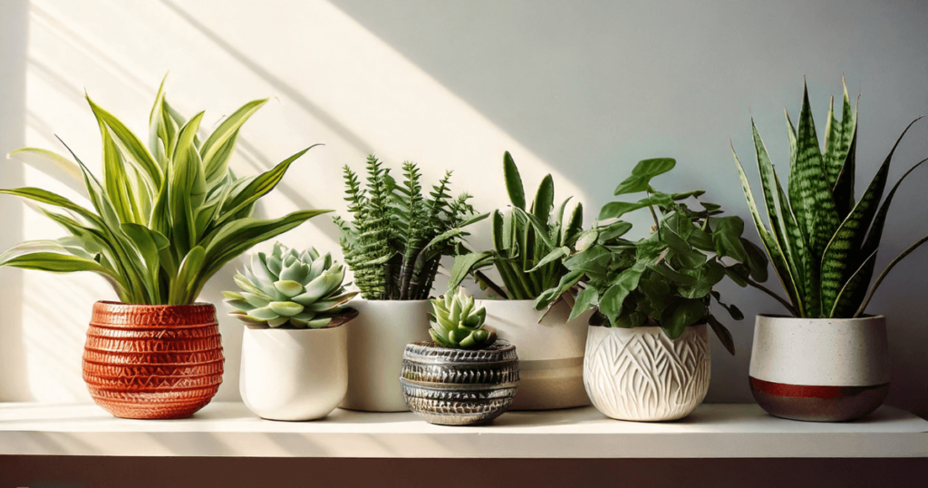 A variety of small indoor plants, including succulents, ferns, and snake plants, arranged in decorative pots on a sunny windowsill.