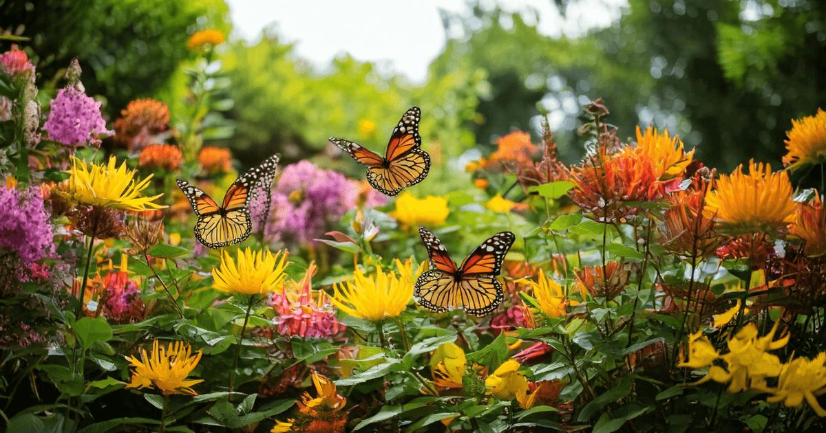 Colorful butterfly plants with vibrant flowers and butterflies fluttering in a lush garden setting.