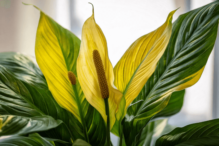 Peace lily plant with yellowing leaves and vibrant green foliage, illustrating common care challenges like overwatering or nutrient issues.