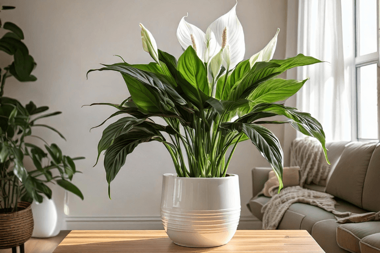 Peace Lily (Spathiphyllum) in a white ceramic pot with glossy green leaves and white blooms, placed in a bright, minimalist living room.