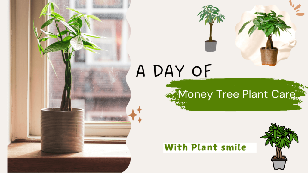 A healthy Money Tree Plant by a window, accompanied by decorative text and illustrations highlighting daily plant care tips.