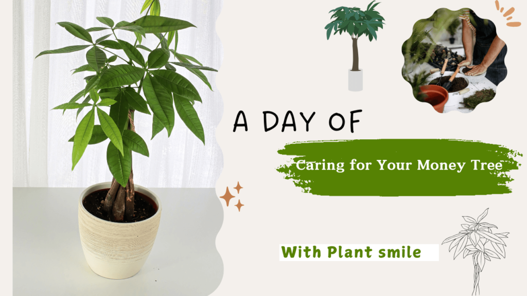 Money tree care day: A healthy Money Tree plant in a white pot with tips on caring for it through the Plant Smile blog.