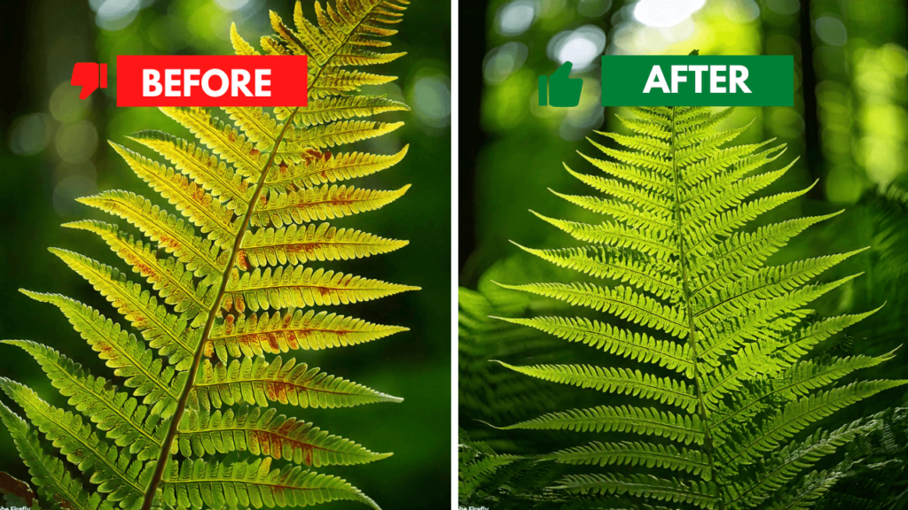 Before and after image showing orange spots on sword fern leaves and their recovery to healthy green foliage.