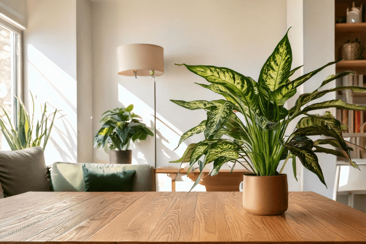 Dieffenbachia plant in a modern living room on a wooden table, surrounded by natural light and complementing the decor