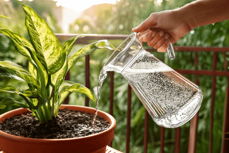 Person watering a Dieffenbachia plant in a terracotta pot, ensuring proper hydration for healthy indoor growth.