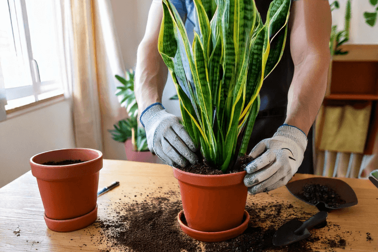 Close-up of a person repotting a healthy Snake Plant into a terracotta pot with gardening tools.