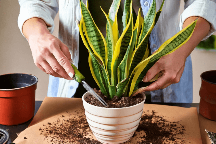 Hands trimming yellow leaves and repotting a Snake Plant into a well-draining pot with fresh soil.

