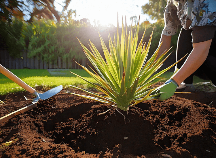 Gardener planting a Color Guard Yucca in a sunny backyard, surrounded by fresh soil and gardening tools.