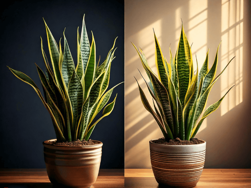 Two snake plants in decorative pots, one under low light and the other in bright indirect sunlight, demonstrating snake plant light requirements.