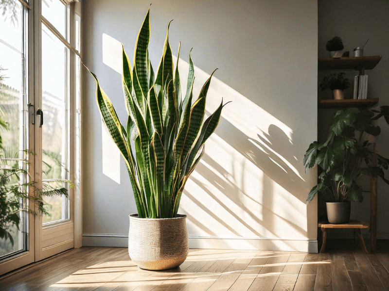 Snake plant in a woven basket placed near a sunny window, illustrating snake plant light requirements in indoor settings.