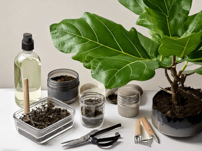 Essential propagation tools: pruning shears, gloves, jar, and pot with soil, arranged for propagating fiddle leaf figs.