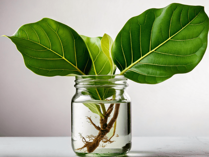 Fiddle leaf fig cutting in a glass jar of water, node submerged, and leaves above the waterline.