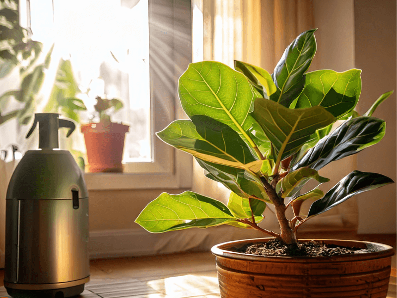 Thriving propagated fiddle leaf fig in a pot placed on a sunny windowsill.