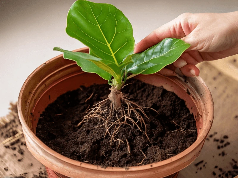 Fiddle leaf fig cutting being gently pulled in soil to check for root resistance.