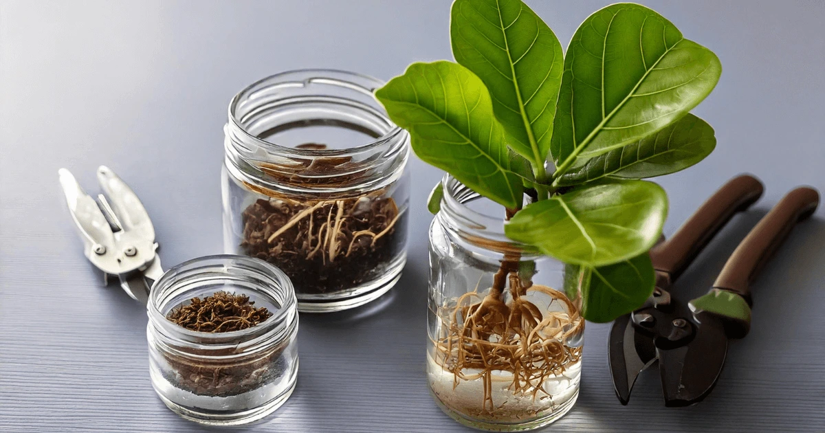 How to propagate fiddle leaf fig plants in glass jars with visible roots, using water and soil, alongside pruning tools on a table.