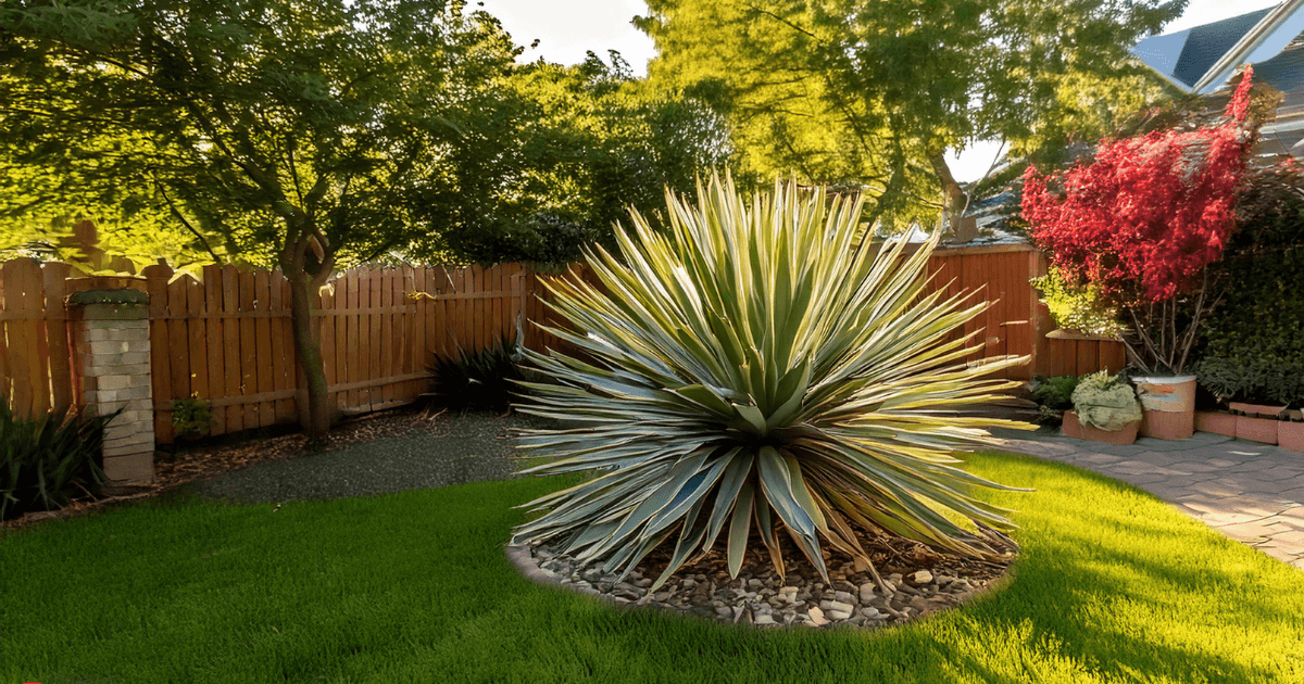 A vibrant Color Guard Yucca in a lush home garden, surrounded by green grass, vibrant red shrubs, and a wooden fence.