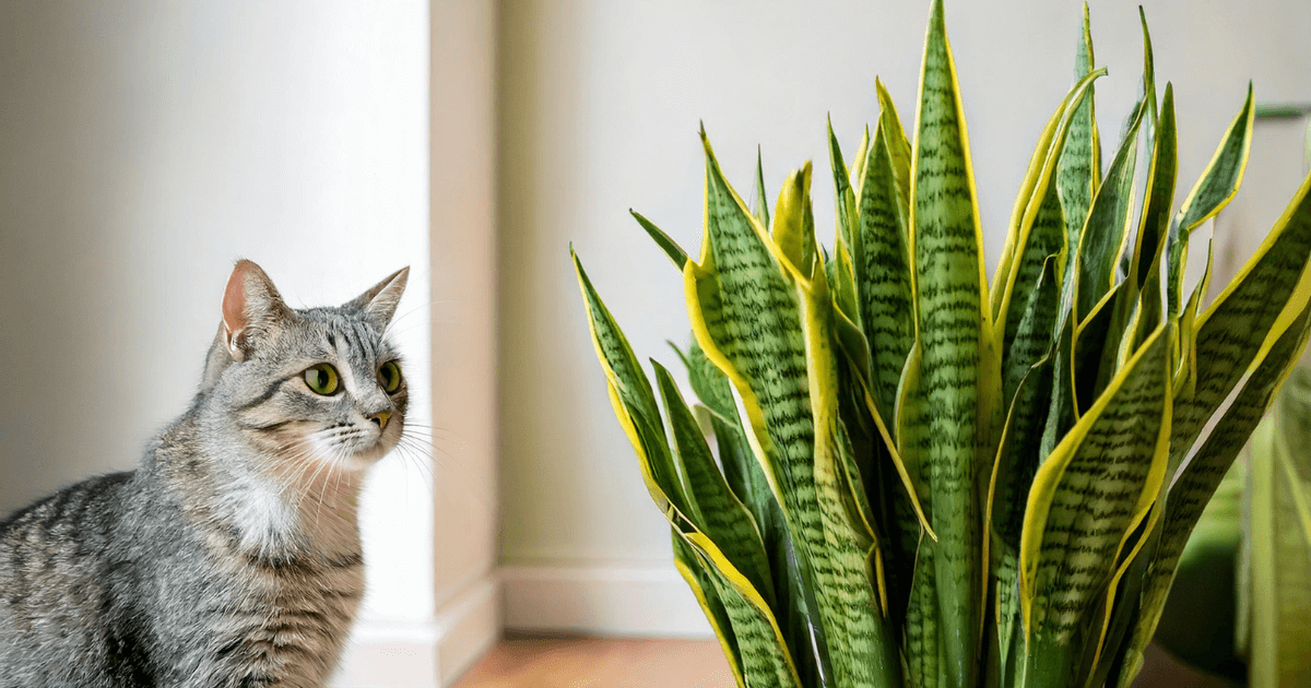 Are Snake Plants Toxic to Cats? A curious cat near a snake plant, exploring potential risks.