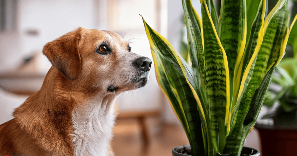 A dog near a snake plant, exploring the plant with caution due to potential toxicity.
