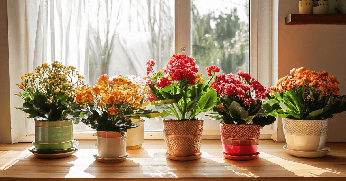 Colorful Kalanchoe plants in decorative pots on a windowsill, showcasing vibrant red, orange, and yellow blooms.