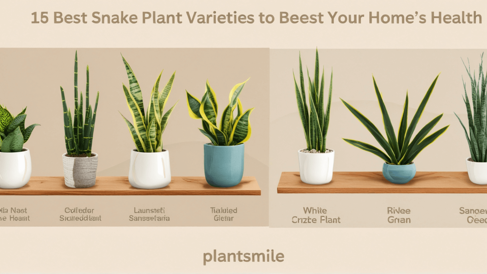 Image showcasing six snake plant varieties in pots on a wooden shelf, promoting their health benefits for your home.