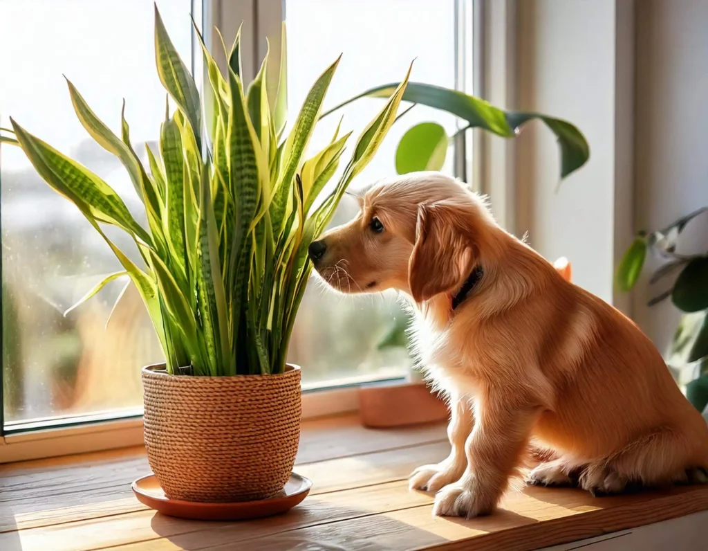 Golden retriever puppy sitting near a potted snake plant by a window. Are snake plants toxic to dogs? Learn more here.