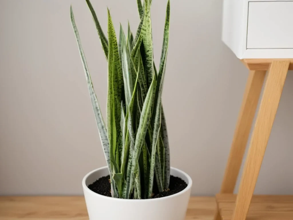 Close-up of a Bantel's Sensation snake plant in a white pot, showcasing its elegant green and white striped leaves.