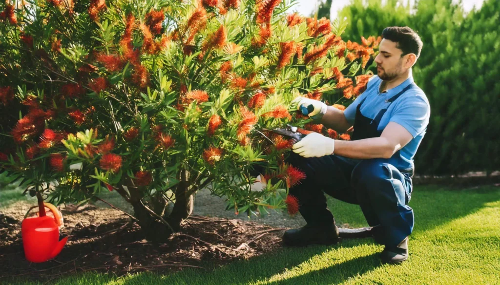 Gardener in blue overalls pruning a Bottlebrush Tree with red flowers, using shears and wearing gloves, with a red watering can nearby.