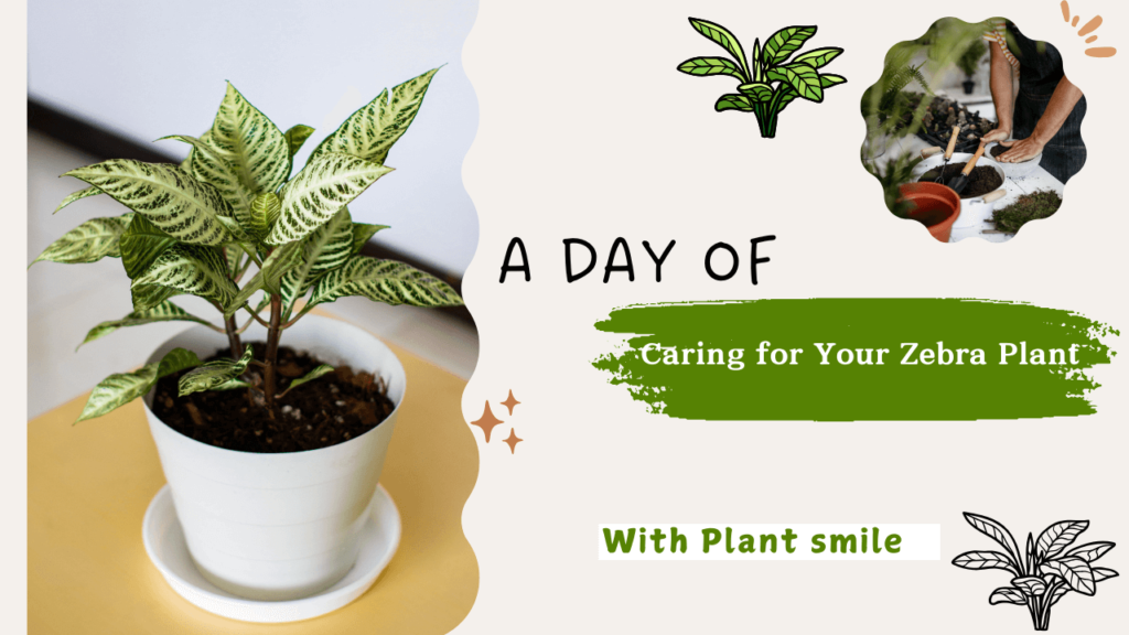 Zebra plant in a white pot on a yellow surface with text overlay: "A Day of Caring for Your Zebra Plant" and decorative graphics.