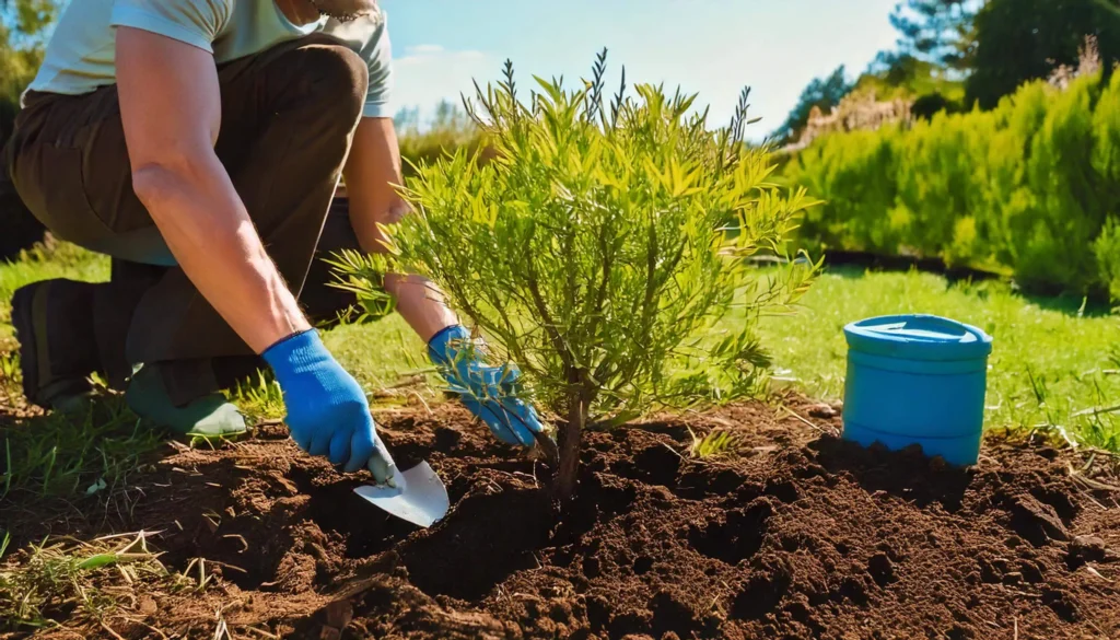 A person planting a young Bottlebrush tree in a sunny garden, wearing gloves and using a small trowel for soil preparation.