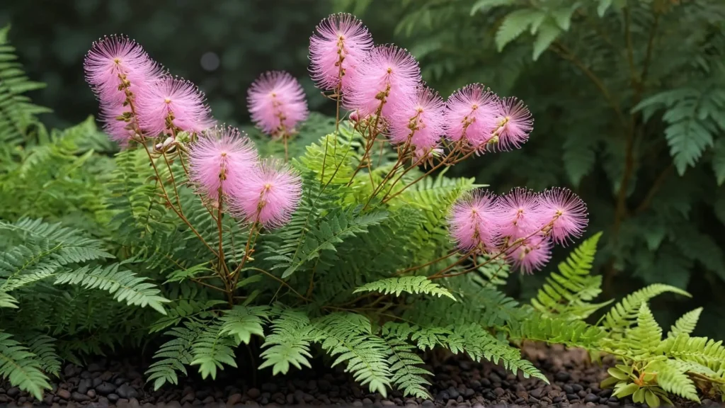 Sensitive Plant with Pink Flowers and Lush Green Foliage