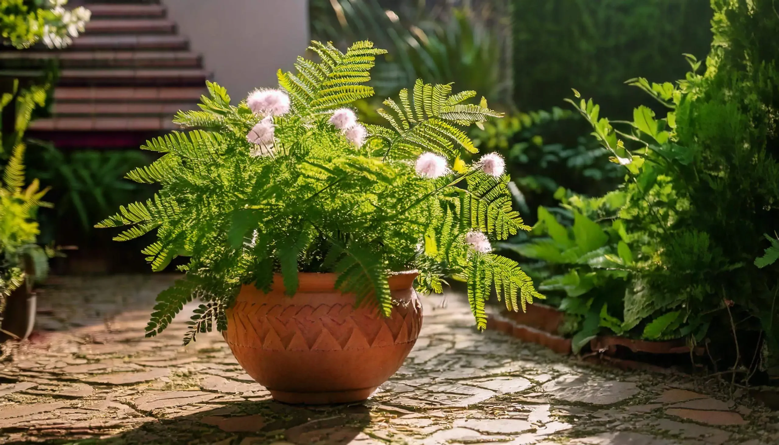 Potted Sensitive Plant in a Sunlit Garden